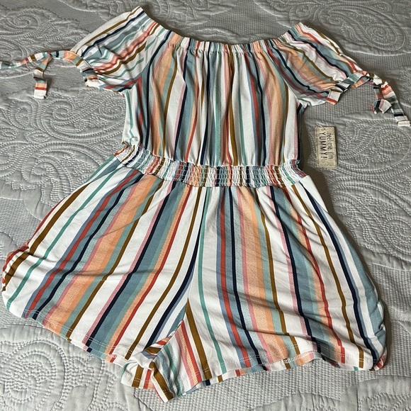 Derek Heart Vibrant Orange and GREEN short Romper with Vertical Stripes - Picture 1 of 8